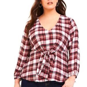 TORRID Blouse Womens XL/Size 0 Red Plaid Georgette Tie Front Long Sleeve ✨